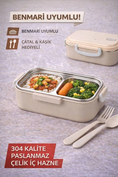 Bej Benmarili Paslanmaz Çelik Yemek Kabı 2 Bölmeli Beslenme Kabı Saklama Kabı Lunch Box ürün görseli 1