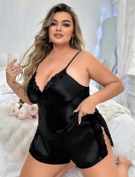 Arias Closet Büyük Beden Siyah Yırtmaç Dantel İşlemeli Saten Şortlu Takım - Resim 2