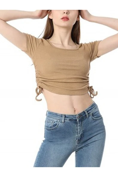 KÜTÜKhouse Camel Yanları Büzgülü B Yaka Crop ürün görseli 1