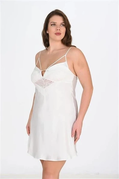 Arias Closet Premium Büyük Beden Saten Dantel İşlemeli Ekru Gecelik Bigsize - Resim 2
