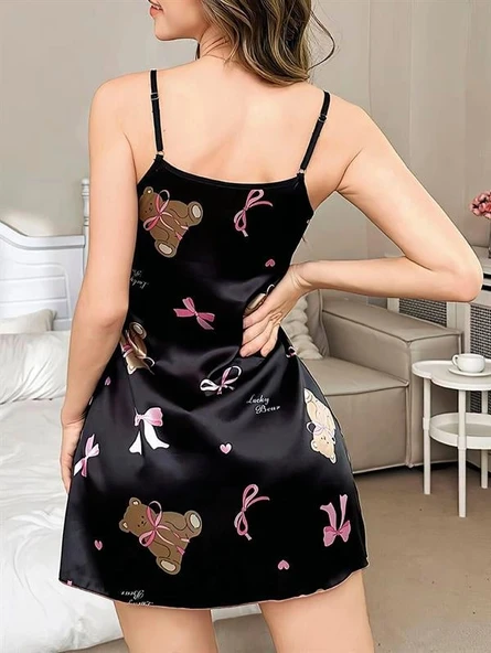 Arias Closet Siyah İnce Askılı Ayıcık Desenli Saten Mini Gecelik - Resim 2