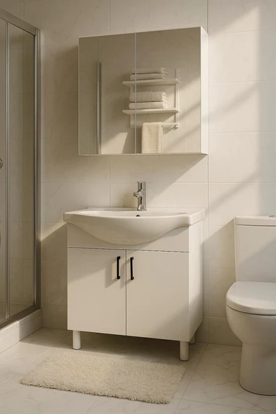 makbulce 65 cm Beyaz MDF Seramik Lavabolu Ayaklı Aynalı Banyo Dolabı ürün görseli 1