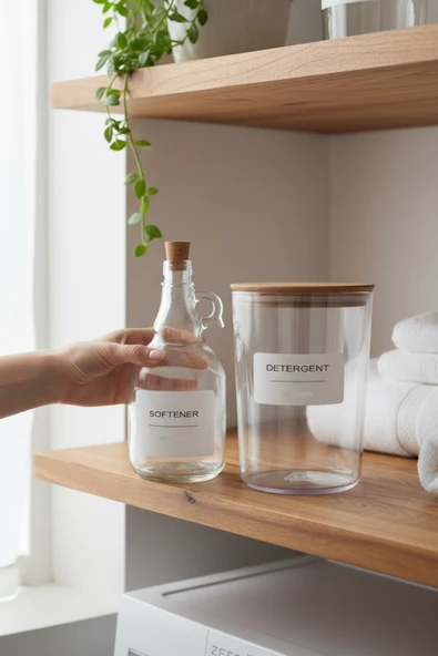 Ahşap Kapaklı Toz Deterjan Kavanozu / Kutusu 2300ml Ve Yumuşatıcı Şişesi Mantar Kapak 1000ml ürün görseli 1