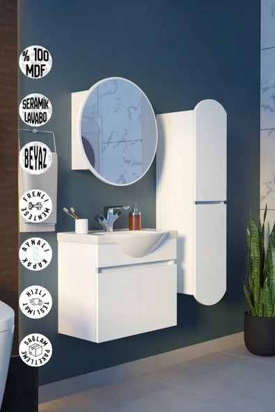 makbulce Erciyes Havlu Dolaplı 65cm Seramik Lavabolu MDF Oval Aynalı Banyo Dolabı ürün görseli 1