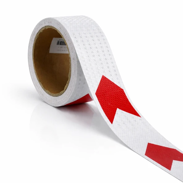 Yapışkanlı 7.5 cm ( 5 Metre )  Kırmızı Beyaz Petekli Ok Yönlendirme Reflektörlü Reflektif Şerit Bant ürün görseli 1