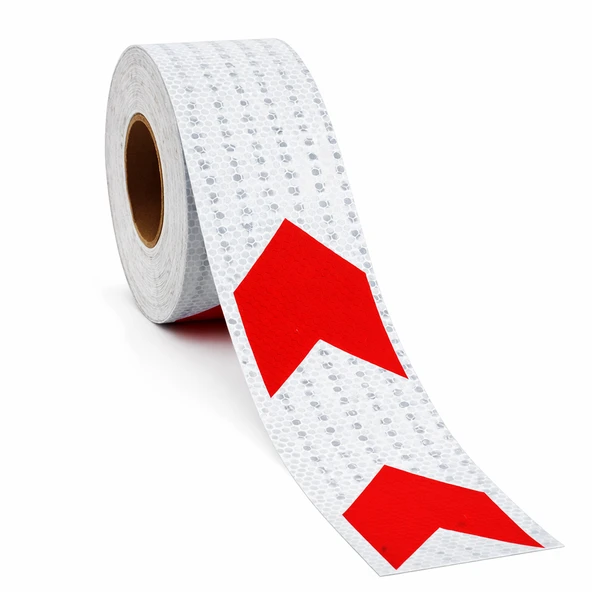 Yapışkanlı 7.5 cm ( 50 Metre )  Kırmızı Beyaz Petekli Ok Yönlendirme Reflektörlü Reflektif Şerit Bant ürün görseli 1
