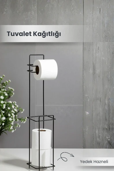 Yedek Hazneli Kare Wc Tuvalet Kağıtlığı - Siyah Ferforje Metal Lüx Banyo Kağıtlık ürün görseli 1