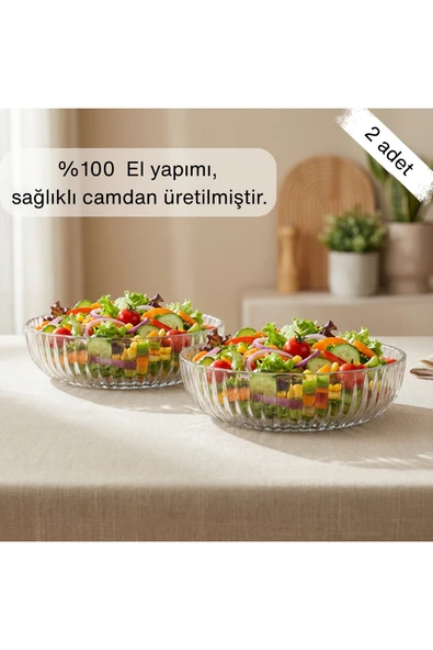 Selen Concept Linea Damla Model El Yapımı Cam Salata ve Meyve Kasesi 2'li Set ürün görseli 1