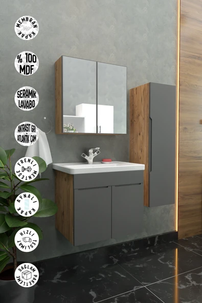 makbulce Şarkışla Havlu Dolaplı 65cm Seramik Lavabolu Membran Kapaklı MDF Aynalı Banyo Dolabı ürün görseli 1