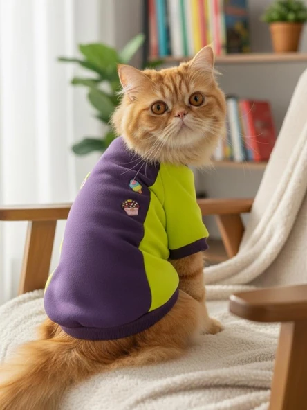 Dondurmalı Patiler Mor ve Fosforlu Sarı Kedi Polar Sweatshirt ürün görseli 1