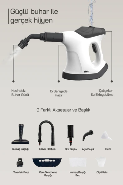 Sinbo SSC-6424 9 in1 Çok Fonksiyonlu El Tipi Basınçlı Buharlı Temizlik Makinesi-Kesintisiz Buhar Özellikli ürün görseli 1