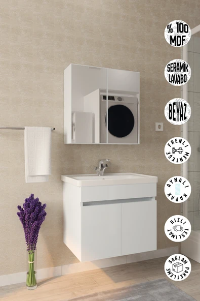 makbulce Tokyo 65cm Seramik Lavabolu MDF Aynalı Banyo Dolabı ürün görseli 1