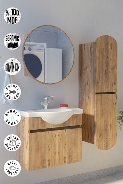 makbulce Erciyes Havlu Dolaplı 65cm Seramik Lavabolu MDF Oval Aynalı Banyo Dolabı ürün görseli 1