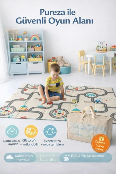 Pureza Çift Taraflı Katlanabilir Oyun Matı 200cmx130cmx1cm Kaymaz, Darbe Emici, Su Geçirmez, Bebek ve Çocuklar İçin Taşıma Çantası Hediyeli (Yerli Üretim) ürün görseli 1
