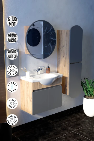 makbulce Erciyes Havlu Dolaplı 65cm Seramik Lavabolu MDF Oval Aynalı Banyo Dolabı ürün görseli 1