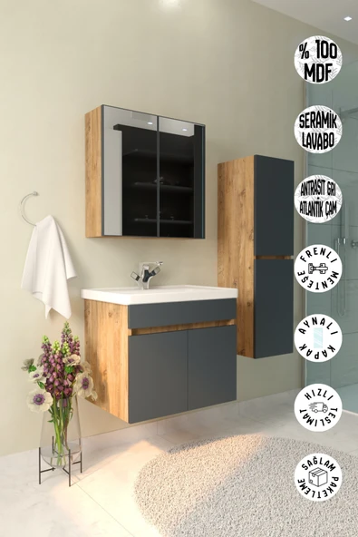 makbulce Tokyo Havlu Dolaplı 65cm Seramik Lavabolu MDF Aynalı Banyo Dolabı-Atlantik çam&antrasit gri ürün görseli 1