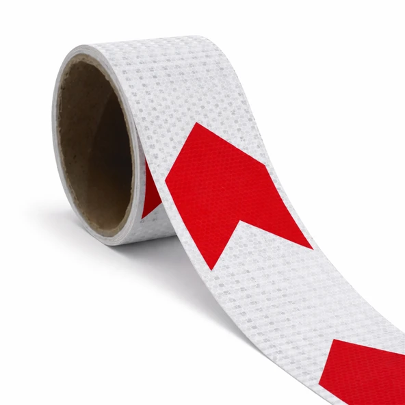 Yapışkanlı En 10 cm (1 Metre) Kırmızı Beyaz Petekli Ok Yönlendirme Reflektörlü Reflektif Şerit Bant ürün görseli 1