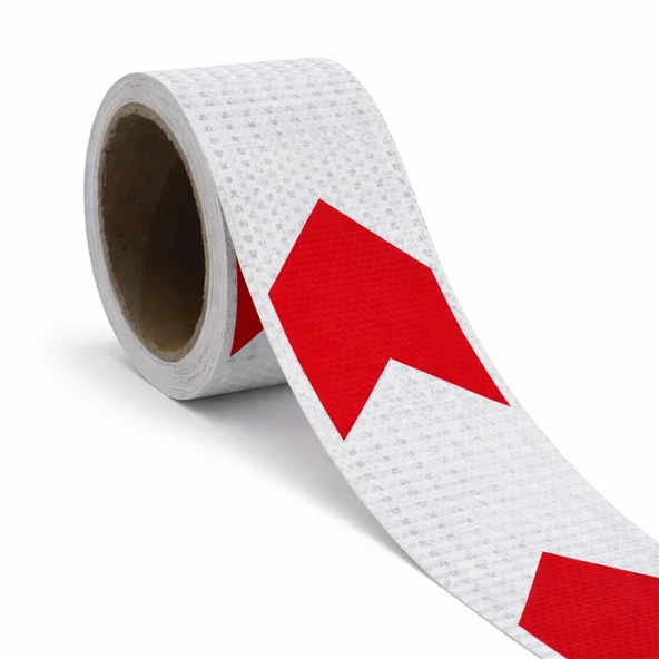 Yapışkanlı 10 cm ( 5 Metre )  Kırmızı Beyaz Petekli Ok Yönlendirme Reflektörlü Reflektif Şerit Bant ürün görseli 1