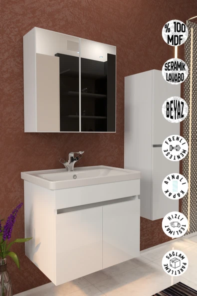 makbulce Tokyo Havlu Dolaplı 65cm Seramik Lavabolu MDF Aynalı Banyo Dolabı ürün görseli 1