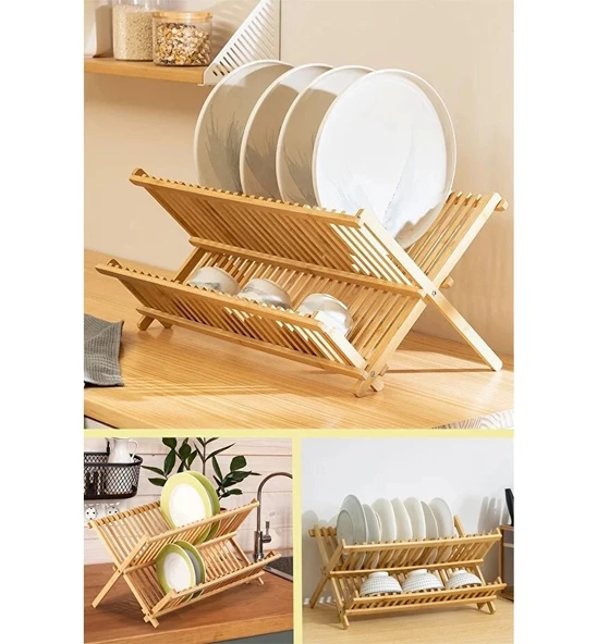 Bambu Ahşap Bulaşıklık Tabaklık Büyük Boy 2 Katlı Katlanabilir Tabaklık (43 cm 34 cm ) ürün görseli 1