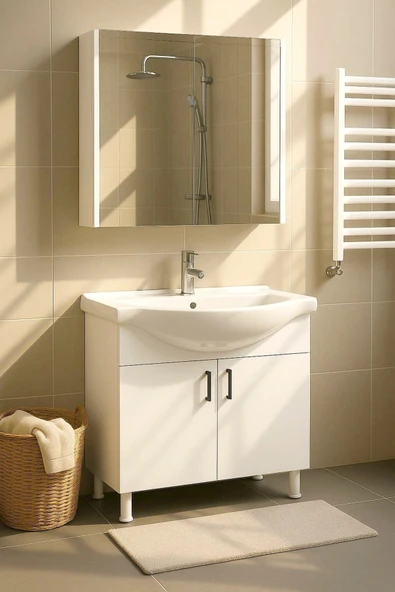 makbulce 80 cm Beyaz MDF Seramik Lavabolu Ayaklı Aynalı Banyo Dolabı ürün görseli 1