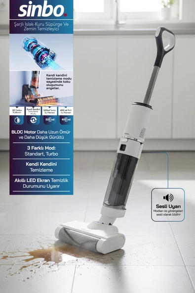 Sinbo SFC-4101 Şarjlı Islak Kuru Süpürge Beyaz – Vakum + Mop + Yıkama, BLDC Motor ürün görseli 1