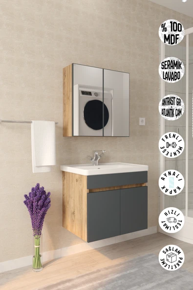 makbulce Tokyo 65cm Seramik Lavabolu MDF Aynalı Banyo Dolabı ürün görseli 1