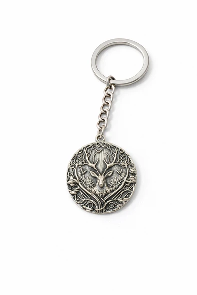 Geyik Başlı Yaşam Ağacı Motifli Gümüş Renk Metal Unisex Anahtarlık ürün görseli 1
