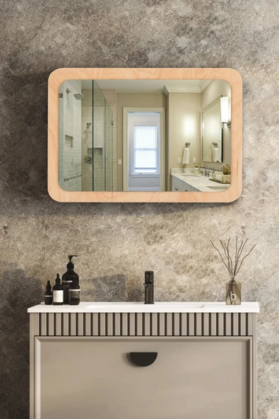 Trend Kitchen Belvano Modern Ahşap Çerçeveli Antre, Hol Koridor Salon Banyo Duvar Ve Makyaj Aynası (53x35) ürün görseli 1