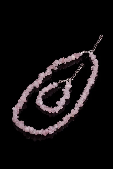 Pembe Kuvars Kırık Doğal Taş Bileklik-kolye Seti Tky0273 ürün görseli 1