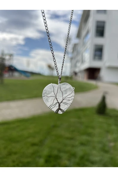 Kristal Kuvars Telli Büyük Kalp Doğal Taş Kolye Tky0373 ürün görseli 1