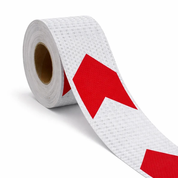 Yapışkanlı 10 cm ( 50 Metre ) Kırmızı Beyaz Petekli Ok Yönlendirme Reflektörlü Reflektif Şerit Bant ürün görseli 1