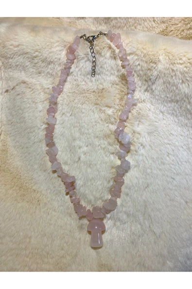 Pembe Kuvars Mantar Uçlu Kırıktaş Doğal Taş Kolye Tky0319 ürün görseli 1