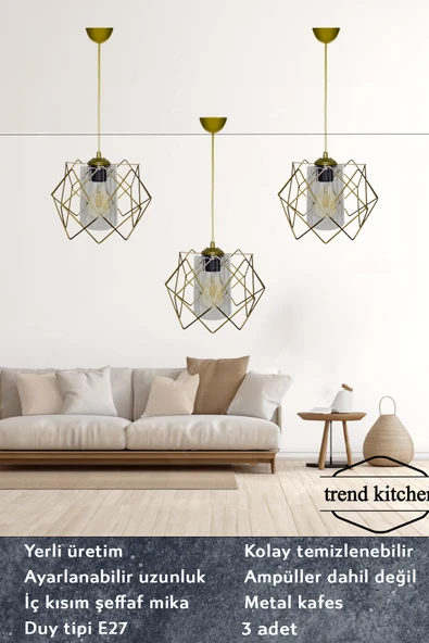 Trend Kitchen 3 Adet Gold Tasarım Şeffaf Mika Camlı Avize ürün görseli 1