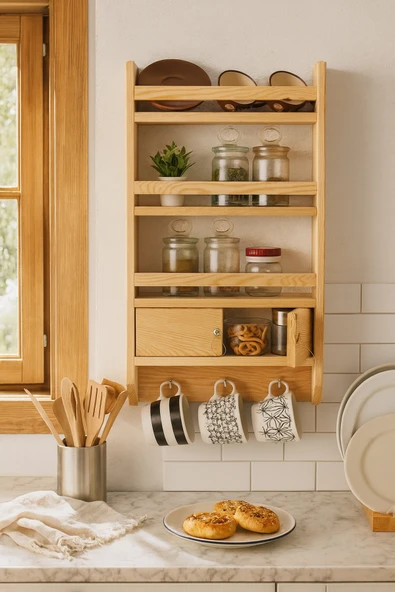 Trend Kitchen Woodenstra Modern Dekoratif Doğal 1. Sınıf Çam Mutfak Düzenleyici Baharatlık Ve Fincan Rafı ürün görseli 1