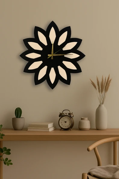 Trend Kitchen Noctaflora Modern Çiçek Formlu Dekoratif Ahşap Duvar Saati ürün görseli 1