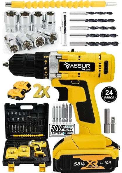 Assur Plus 58 Vf 5 Ah Çelik Şanzıman Bakır Sargılı Çift Akülü Şarjlı Matkap Vidalama 24 Parça ürün görseli 1