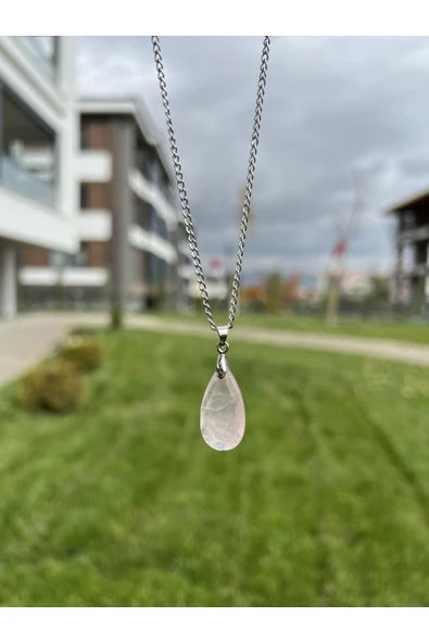Pembe Kuvars Faset Kesim Damla Doğal Taş Kolye Tky0375 ürün görseli 1