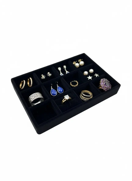 Atina Model Süet Kumaş Siyah Renk 22/14 Cm 12 Bölmeli Takı Sergileme Tablası ürün görseli 1