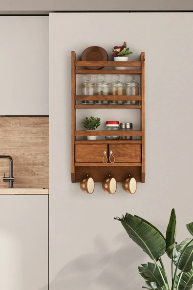 Trend Kitchen Woodenstra Modern Dekoratif Doğal 1. Sınıf Çam Mutfak Düzenleyici Baharatlık Ve Fincan Rafı ürün görseli 1