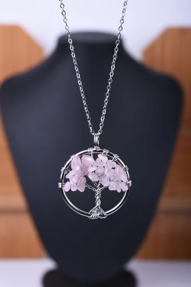 Pembe Kuvars Doğal Taş Hayat Ağacı Kolye Tky0042 ürün görseli 1