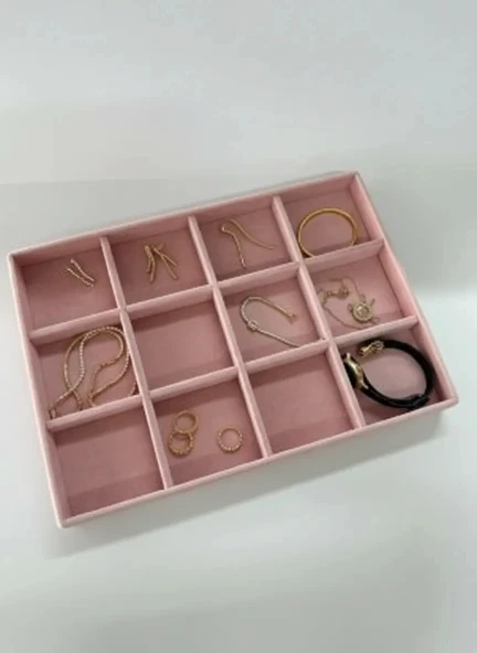 Canada Model Süet Kumaş Pembe Renk 34/24 cm 12 Bölmeli Takı Sergileme Çekmece Içi Standı ürün görseli 1