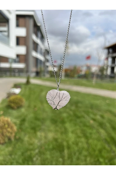 Pembe Kuvars Telli Büyük Kalp Doğal Taş Kolye Tky0372 ürün görseli 1
