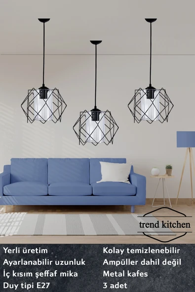 Trend Kitchen 3 Adet Siyah Jaka Akrilik Camlı Koza Sarkıt Avize Salon, Mutfak, Koridor, Antre ürün görseli 1