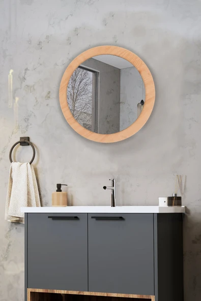 Trend Kitchen Lunava Ahşap Çerçeveli Dekoratif Yuvarlak Hol Koridor Salon Banyo Duvar Ve Makyaj Aynası (35cm) ürün görseli 1