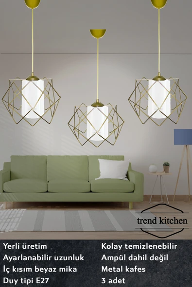 Trend Kitchen Trend BeyazMika Camlı 3 Adet Salon, Mutfak, Banyo Yatak Odası Eskitme Sarkıt Avize Aydınlatma ürün görseli 1
