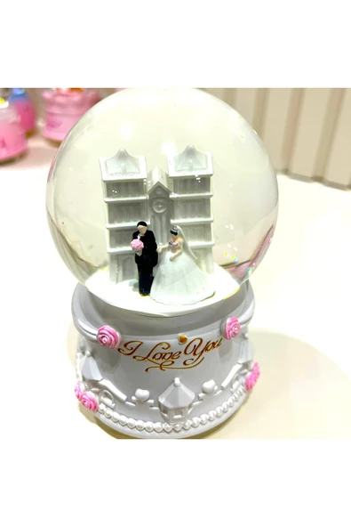 Sevgili Çift Gelin Damat Işıklı Müzikli Orta Boy Kar Küresi Tky0401 ürün görseli 1