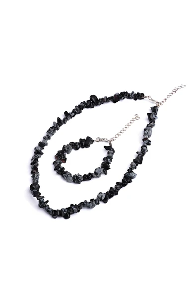 Obsidyen Kırık Doğal Taş Bileklik-kolye Seti Tky0268 ürün görseli 1