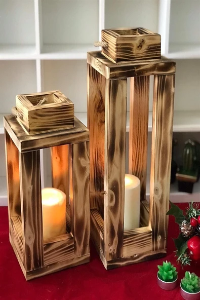 Trend Kitchen Hasır Ipli Ahşap Dekoratif 2'li Fener, Şamdan Mumluk ürün görseli 1