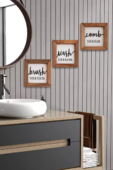 Trend Kitchen Trend Banyo, Wash Your Hands, Brush Your Teeth, Comb Your Hair, Ahşap Çerçeveli Tablo Seti ürün görseli 1